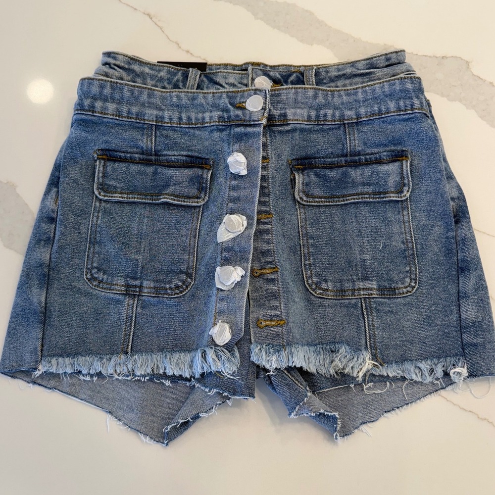 American Bazi Womens Blue Denim Button Front Raw Hem Skort Medium M